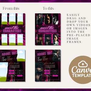 Pode incluir: Um modelo de marketing digital com um esquema de cores rosa escuro e preto. O modelo inclui o texto "Meet the Characters" e "About Him", juntamente com espa&ccedil;os reservados para imagens e texto. O logotipo do Canva Template est&aacute; no canto inferior direito.