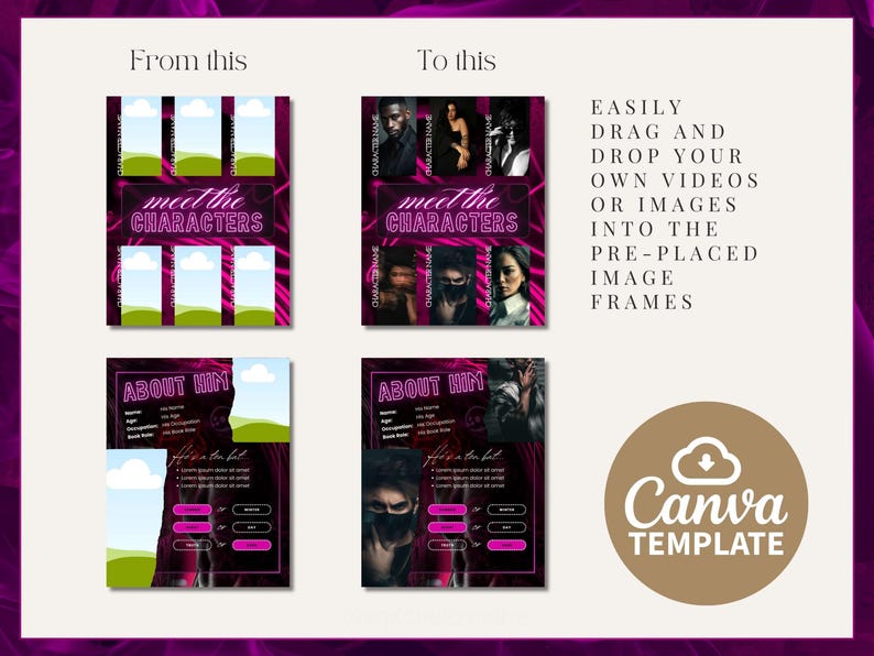 Pode incluir: Um modelo de marketing digital com um esquema de cores rosa escuro e preto. O modelo inclui o texto "Meet the Characters" e "About Him", juntamente com espa&ccedil;os reservados para imagens e texto. O logotipo do Canva Template est&aacute; no canto inferior direito.