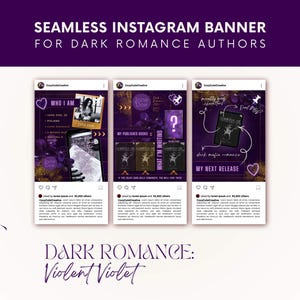 May include: A digital product design for dark romance authors. The banner features three Instagram post mockups with purple and gold accents. Text includes "Who I Am," "My Published Books," and "My Next Release."