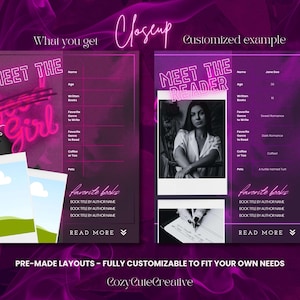 Pode incluir: Um layout personaliz&aacute;vel com o texto "MEET THE GIRL" em rosa neon. O layout inclui campos para nome, idade, livros favoritos e muito mais. A imagem tamb&eacute;m mostra um exemplo personalizado com uma foto e detalhes preenchidos.
