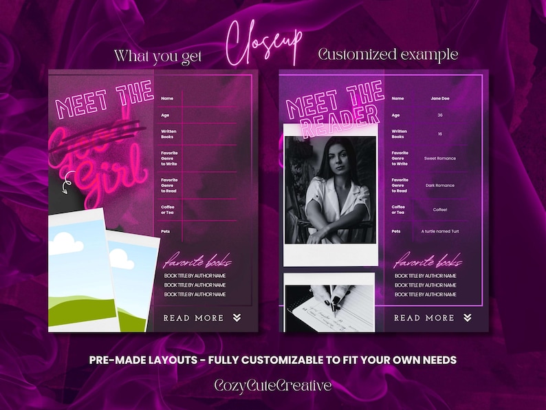 Pode incluir: Um layout personaliz&aacute;vel com o texto "MEET THE GIRL" em rosa neon. O layout inclui campos para nome, idade, livros favoritos e muito mais. A imagem tamb&eacute;m mostra um exemplo personalizado com uma foto e detalhes preenchidos.