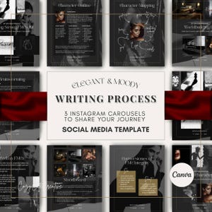 Pode incluir: Um modelo de mídia social elegante e sombrio para carrosséis do Instagram. O design apresenta um esquema de cores escuro com o texto "Writing Process" e "3 Instagram Carousels to Share Your Journey". O modelo inclui a marca Canva.