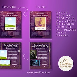 May include: A Canva template with a purple background, showcasing "Meet the Bookstagrammer" and "Book-boyfriend must-have traits" layouts. The design includes image frames, text boxes, and the Canva logo, with the text "Easily drag and drop your own videos or images into the pre-placed image frames."