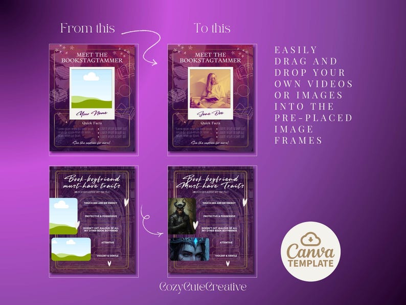 May include: A Canva template with a purple background, showcasing "Meet the Bookstagrammer" and "Book-boyfriend must-have traits" layouts. The design includes image frames, text boxes, and the Canva logo, with the text "Easily drag and drop your own videos or images into the pre-placed image frames."