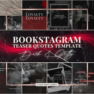 May include: A Bookstagram teaser quotes template with a dark and gritty aesthetic. The design features a rose gold frame, black backgrounds, and red accents. Text includes "LOYALTY," "BURN FOR ME," and "monsters can fall in love."