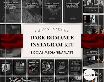 Pode incluir: Um kit para Instagram com o tema romance sombrio. O design apresenta uma coleção de modelos com uma estética sombria, incluindo sobreposições de texto e imagens. O logotipo da Canva é visível.