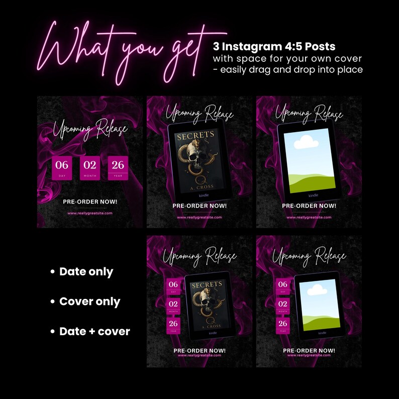 K&ouml;nnte beinhalten: Drei digitale Instagram-Beitragsvorlagen mit schwarzem Hintergrund und violetten Rauchakzenten. Der Text lautet What you get, Upcoming Release, 06 02 26, PRE-ORDER NOW und www.reallygreatsite.com. Enth&auml;lt Platzhalter f&uuml;r Buchcover.