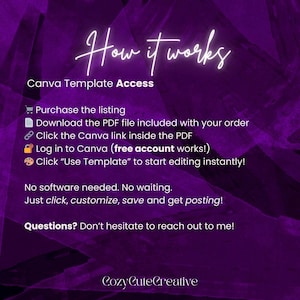 May include: A purple graphic with white text that reads "How it works" and instructions for accessing a Canva template. The steps include purchasing, downloading a PDF, clicking a link, logging in, and using the template. The bottom of the graphic says "Cozy Cute Creative."