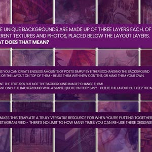 May include: A digital design template with a grid layout. The image features text on purple rectangles explaining the layered backgrounds, ideal for social media posts. The backgrounds are made of textures and photos.