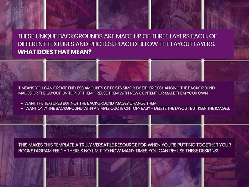May include: A digital design template with a grid layout. The image features text on purple rectangles explaining the layered backgrounds, ideal for social media posts. The backgrounds are made of textures and photos.