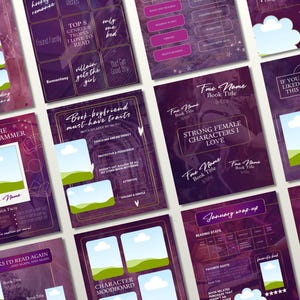 May include: A collection of purple and white book-themed templates with text like "Book-boyfriend must-have traits" and "Strong Female Characters I Love." Each template includes space for images and text.
