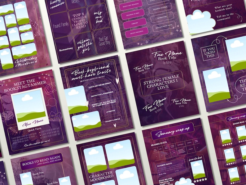 May include: A collection of purple and white book-themed templates with text like "Book-boyfriend must-have traits" and "Strong Female Characters I Love." Each template includes space for images and text.