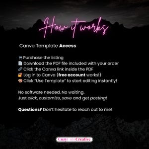 K&ouml;nnte beinhalten: Eine Infografik mit der &Uuml;berschrift How it works in pinkfarbenem Neontext auf schwarzem Hintergrund. Sie beschreibt den Zugriff auf die Canva-Vorlage: Kauf, PDF-Download, Link klicken, einloggen und Vorlage nutzen. Keine Software n&ouml;tig.