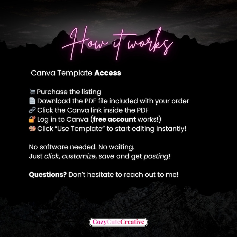 K&ouml;nnte beinhalten: Eine Infografik mit der &Uuml;berschrift How it works in pinkfarbenem Neontext auf schwarzem Hintergrund. Sie beschreibt den Zugriff auf die Canva-Vorlage: Kauf, PDF-Download, Link klicken, einloggen und Vorlage nutzen. Keine Software n&ouml;tig.