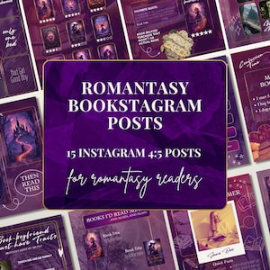 Puede incluir: Un conjunto de 15 publicaciones de Instagram para lectores de romantasy, con un tema morado y blanco. Las publicaciones incluyen texto como "Romantasy Bookstagram Posts" y "Book Boyfriend Must-Have Traits".