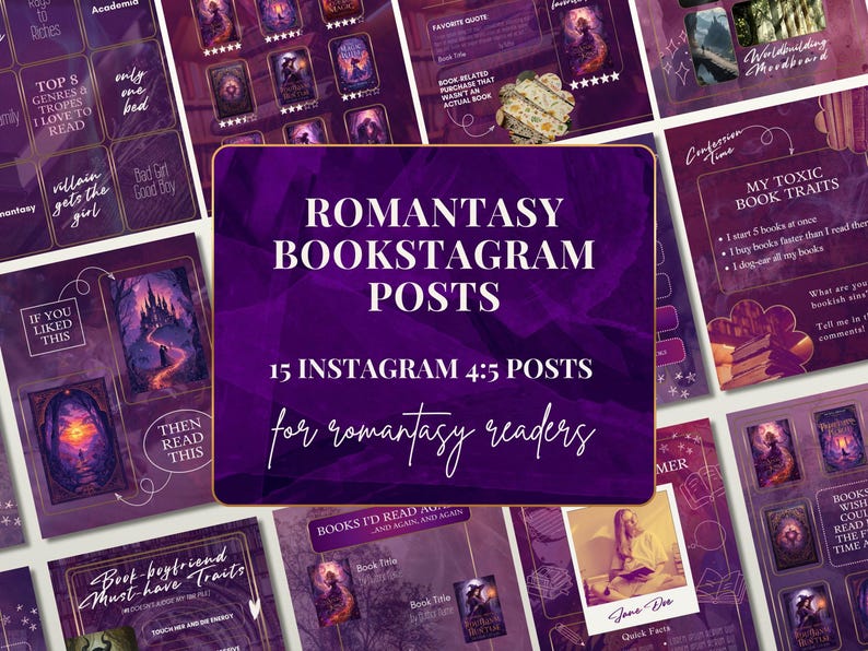 May include: A collection of 15 Instagram posts for romantasy readers, featuring a purple and white color scheme. The posts include text such as "Romantasy Bookstagram Posts" and "Book Boyfriend Must-Have Traits."