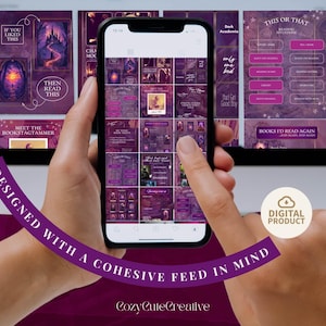 May include: A smartphone displays a series of purple and pink social media templates. The templates feature text like "If you liked this, then read this" and "Books I'd read again." A digital product badge is visible.