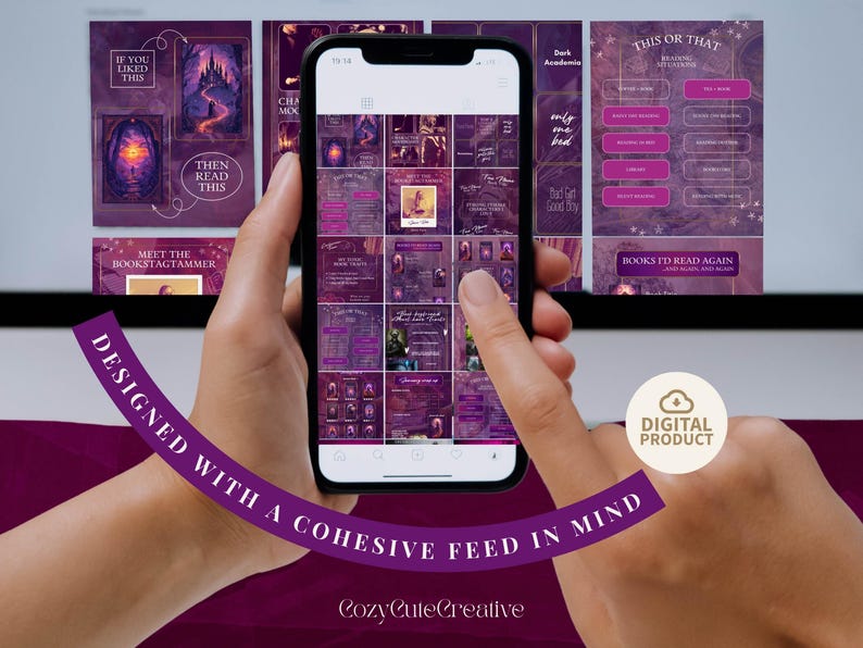 May include: A smartphone displays a series of purple and pink social media templates. The templates feature text like "If you liked this, then read this" and "Books I'd read again." A digital product badge is visible.