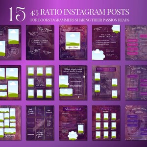 May include: A collection of 15 Instagram post templates in a 4:5 ratio, designed for bookstagrammers. The templates feature a purple and brown color scheme with text overlays, including phrases like "Strong Female Characters I Love" and "My Toxic Book Traits."
