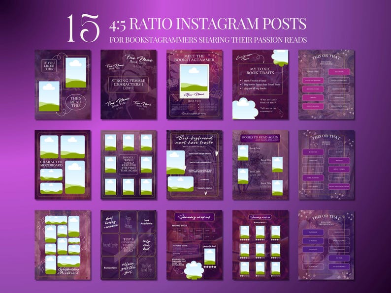 May include: A collection of 15 Instagram post templates in a 4:5 ratio, designed for bookstagrammers. The templates feature a purple and brown color scheme with text overlays, including phrases like "Strong Female Characters I Love" and "My Toxic Book Traits."