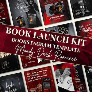 Puede incluir: Un kit de lanzamiento de libro con un tema de romance oscuro y melancólico. El diseño presenta una combinación de colores rojo oscuro y negro con portadas de libros, gráficos promocionales y el texto "Book Launch Kit Bookstagram Template Moody Dark Romance."