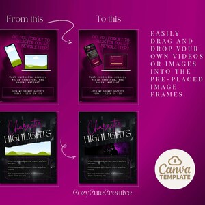 May include: A Canva template with a magenta background. The design shows a before-and-after comparison of a newsletter signup form on a phone and laptop. Text includes "Did you forget to register for my newsletter?" and "Character Highlights."