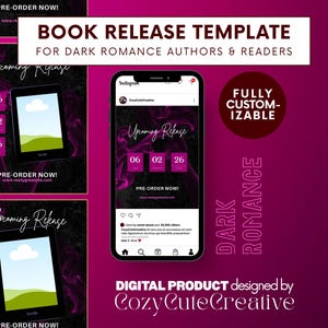 May include: A digital book release template for dark romance authors and readers, featuring a smartphone display with a countdown timer, purple smoke graphics, and the text Book Release Template, Fully Customizable, and CozyCuteCreative.