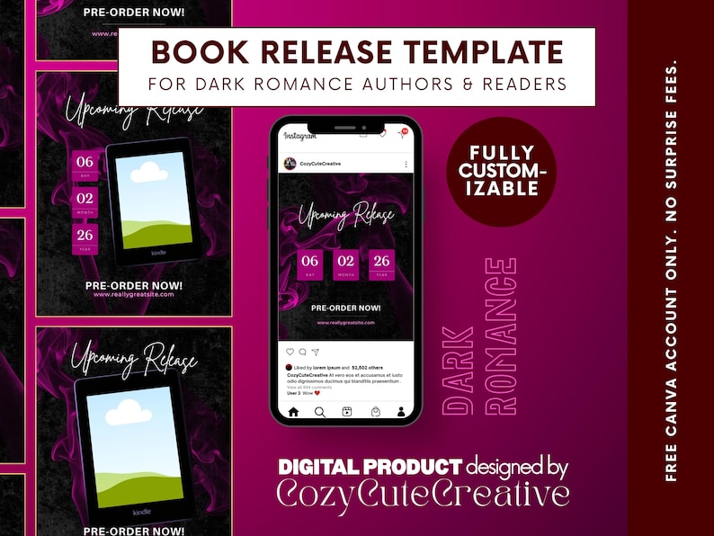 K&ouml;nnte beinhalten: Eine digitale Buchver&ouml;ffentlichungsvorlage f&uuml;r Dark-Romance-Autoren und Leser, mit einem Smartphone-Display, das einen Countdown-Timer, violette Rauchgrafiken sowie den Text Book Release Template und CozyCuteCreative zeigt.