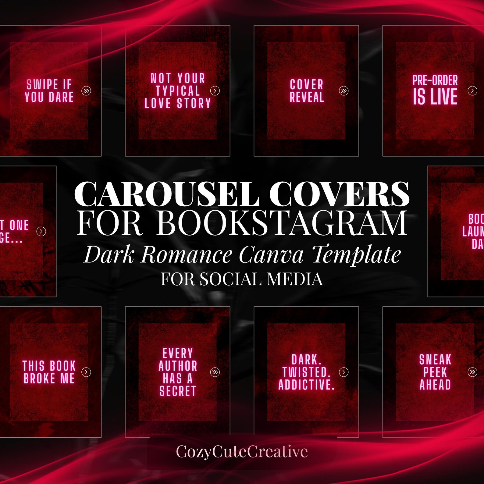 Dark Romance Carousel Covers Set Moody Red Bookstagram Post Template