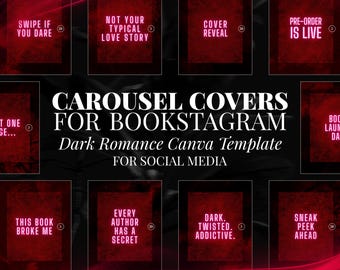 May include: A graphic design featuring a dark red and black theme with text overlays. The text includes phrases like "Carousel Covers for Bookstagram" and "Dark Romance Canva Template." Additional text includes "Swipe if you dare" and "Pre-order is live."