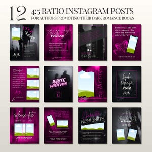 May include: A collection of 12 Instagram post templates in a 4:5 ratio, designed for authors promoting dark romance books. The templates feature a dark color scheme with pink and black accents, and include text such as "book release" and "write with me".