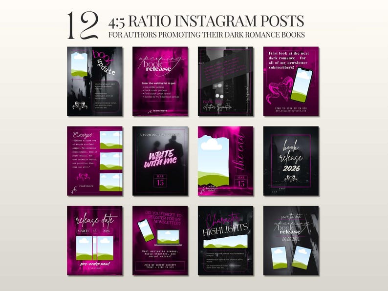 May include: A collection of 12 Instagram post templates in a 4:5 ratio, designed for authors promoting dark romance books. The templates feature a dark color scheme with pink and black accents, and include text such as "book release" and "write with me".