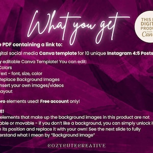 Pode incluir: Modelo Canva digital para posts do Instagram. A imagem apresenta texto branco sobre um fundo rosa escuro. O texto diz "O que voc&ecirc; recebe" e lista recursos como cores, texto e imagens edit&aacute;veis. Um logotipo circular diz "Este &eacute; um produto digital feito para Canva."