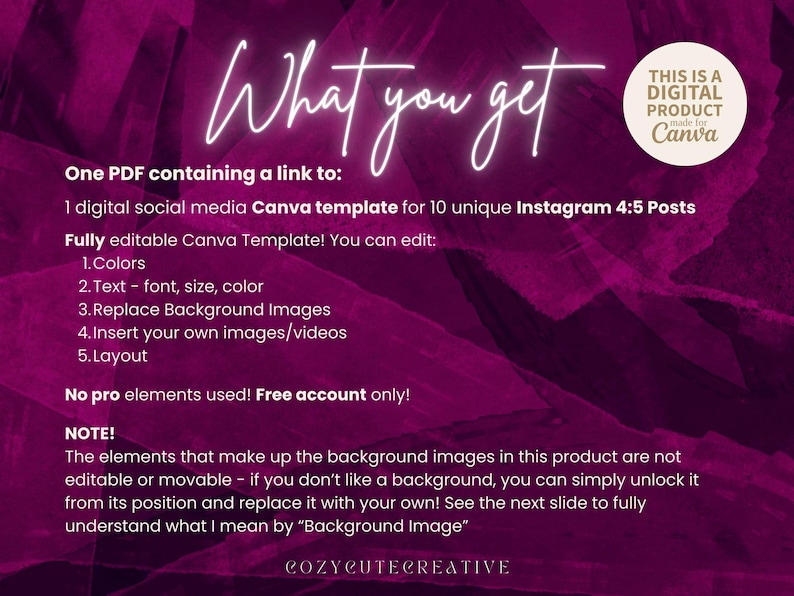 Pode incluir: Modelo Canva digital para posts do Instagram. A imagem apresenta texto branco sobre um fundo rosa escuro. O texto diz "O que voc&ecirc; recebe" e lista recursos como cores, texto e imagens edit&aacute;veis. Um logotipo circular diz "Este &eacute; um produto digital feito para Canva."