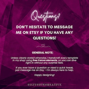 Pode incluir: Gr&aacute;fico digital com fundo roxo escuro e texto branco. O texto diz "Perguntas?" e "N&Atilde;O HESITE EM ENVIAR-ME UMA MENSAGEM NO ETSY SE TIVER ALGUMA PERGUNTA!" Texto adicional fornece detalhes da loja e informa&ccedil;&otilde;es de contato.