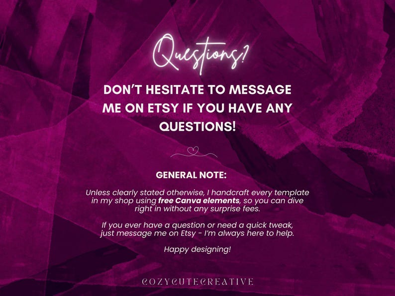 Pode incluir: Gr&aacute;fico digital com fundo roxo escuro e texto branco. O texto diz "Perguntas?" e "N&Atilde;O HESITE EM ENVIAR-ME UMA MENSAGEM NO ETSY SE TIVER ALGUMA PERGUNTA!" Texto adicional fornece detalhes da loja e informa&ccedil;&otilde;es de contato.