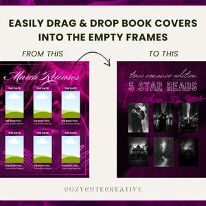 Pode incluir: Um gr&aacute;fico mostrando um conceito de design de capa de livro. O "antes" mostra um modelo com espa&ccedil;os reservados para capas de livros, t&iacute;tulos e datas. O "depois" exibe um design completo com capas de livros e o texto "toxic romance edition 5 STAR READS".