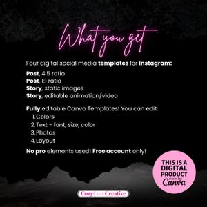 K&ouml;nnte beinhalten: Eine schwarze digitale Grafik mit pinkfarbenem Text, der What you get lautet und vier Instagram-Vorlagen einschlie&szlig;lich Post- und Story-Formaten auflistet. Es werden vollst&auml;ndig bearbeitbare Canva-Funktionen wie Farben, Text, Fotos und Layout spezifiziert.