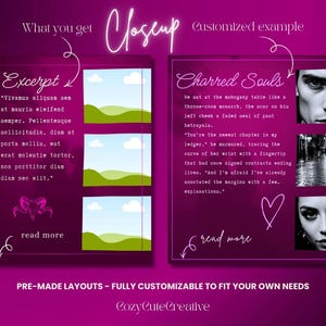 May include: A digital graphic design featuring two dark pink panels with text and images. One panel says "Excerpt" and includes text and three landscape images. The other panel says "Charred Souls" with text and two portrait images. The bottom text says "PRE-MADE LAYOUTS - FULLY CUSTOMIZABLE TO FIT YOUR OWN NEEDS."