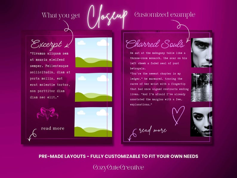 May include: A digital graphic design featuring two dark pink panels with text and images. One panel says "Excerpt" and includes text and three landscape images. The other panel says "Charred Souls" with text and two portrait images. The bottom text says "PRE-MADE LAYOUTS - FULLY CUSTOMIZABLE TO FIT YOUR OWN NEEDS."