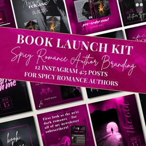 May include: A digital book launch kit for authors featuring 12 Instagram posts in a 4:5 aspect ratio. The design uses a dark theme with vibrant magenta accents and white text. The kit includes templates for book releases, character highlights, and newsletters.