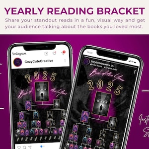 Puede incluir: Dos smartphones que muestran un gráfico de "Yearly Reading Bracket". El gráfico presenta un diseño de corchetes con portadas de libros, el texto "Book of the Year 2025" y el nombre de usuario de Instagram "CozyCuteCreative". El fondo es un degradado púrpura.