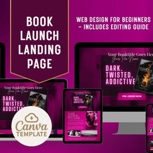 Könnte beinhalten: Eine digitale Designvorlage für eine Buchstart-Landingpage, die auf verschiedenen Geräten angezeigt wird. Das Design weist ein dunkelmagenta Farbschema mit dem Text "BOOK LAUNCH LANDING PAGE" und "WEB DESIGN FOR BEGINNERS - INCLUDES EDITING GUIDE" auf.