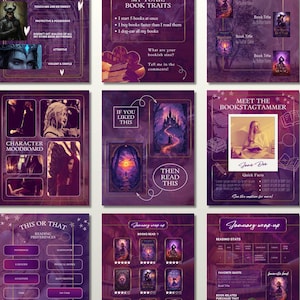 May include: A collection of purple and white digital art pages with text and images. The pages include mood boards, book traits, reading preferences, and a "Meet the Bookstagrammer" section. The theme is centered around books and reading.