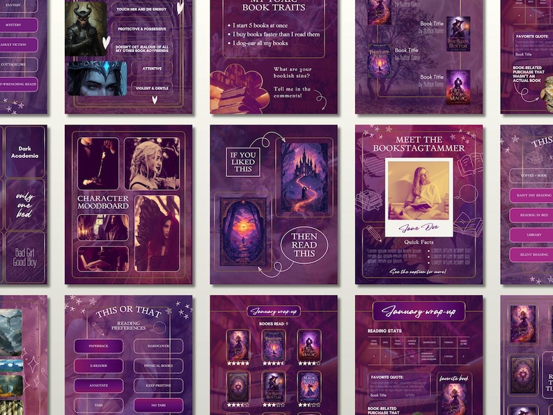 May include: A collection of purple and white digital art pages with text and images. The pages include mood boards, book traits, reading preferences, and a "Meet the Bookstagrammer" section. The theme is centered around books and reading.