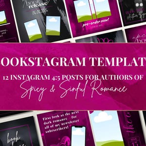 May include: A Bookstagram template with a magenta background, featuring 12 Instagram posts for authors of spicy and sinful romance novels. The design includes graphics with text like "pre-order now!" and "book release 06.06.2026."
