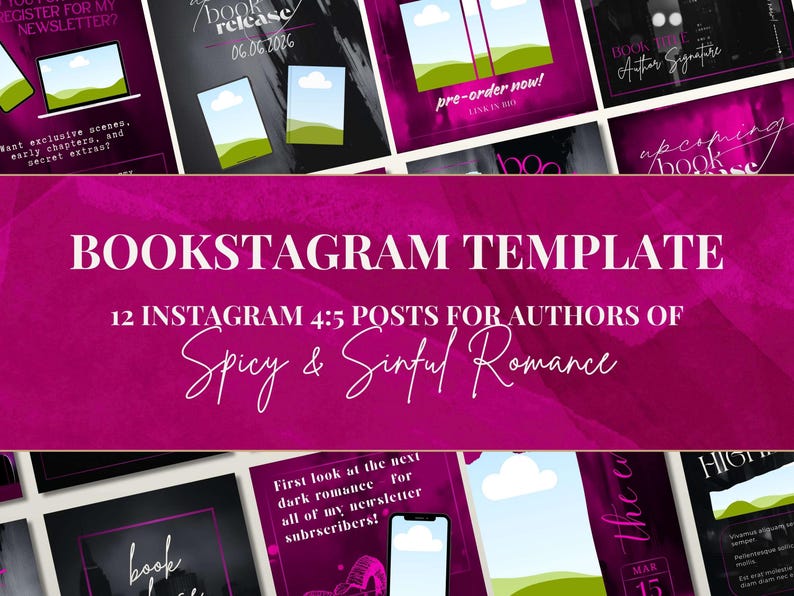 May include: A Bookstagram template with a magenta background, featuring 12 Instagram posts for authors of spicy and sinful romance novels. The design includes graphics with text like "pre-order now!" and "book release 06.06.2026."