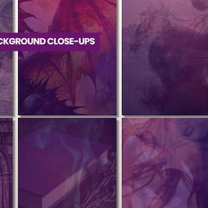 May include: A collection of background close-ups with a dark, gothic theme. The images feature shades of purple, with hints of architectural elements, fantasy creatures, and abstract textures. Text in the image reads "BACKGROUND CLOSE-UPS."