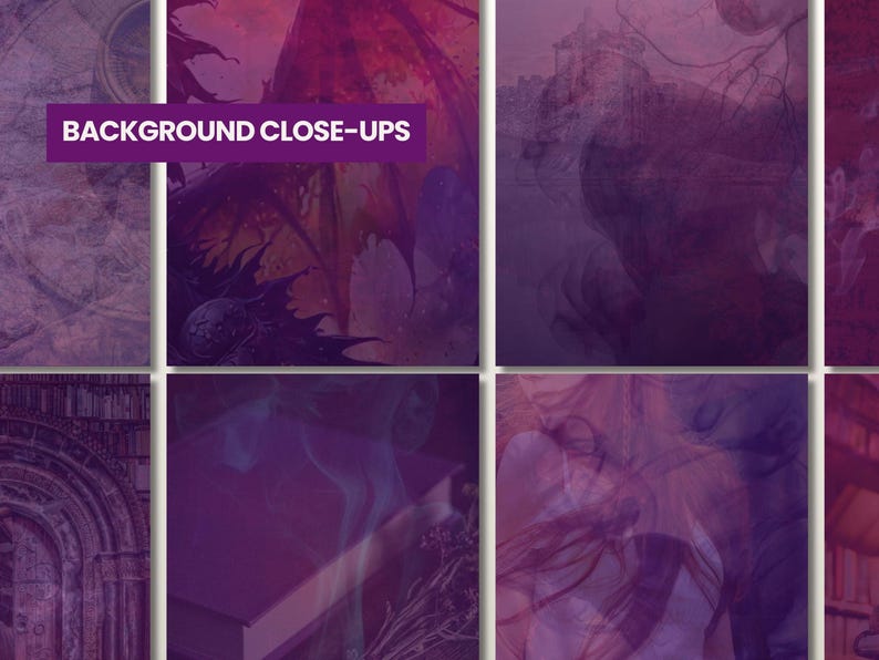 May include: A collection of background close-ups with a dark, gothic theme. The images feature shades of purple, with hints of architectural elements, fantasy creatures, and abstract textures. Text in the image reads "BACKGROUND CLOSE-UPS."