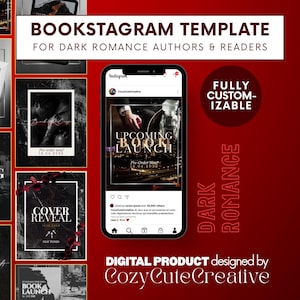 Könnte beinhalten: Eine digitale Bookstagram-Vorlage für Dark-Romance-Autoren und Leser, mit einem Smartphone, das einen Instagram-Beitrag mit dem Text UPCOMING BOOK LAUNCH anzeigt. Das Design umfasst mehrere Social-Media-Layouts im dunklen Stil.